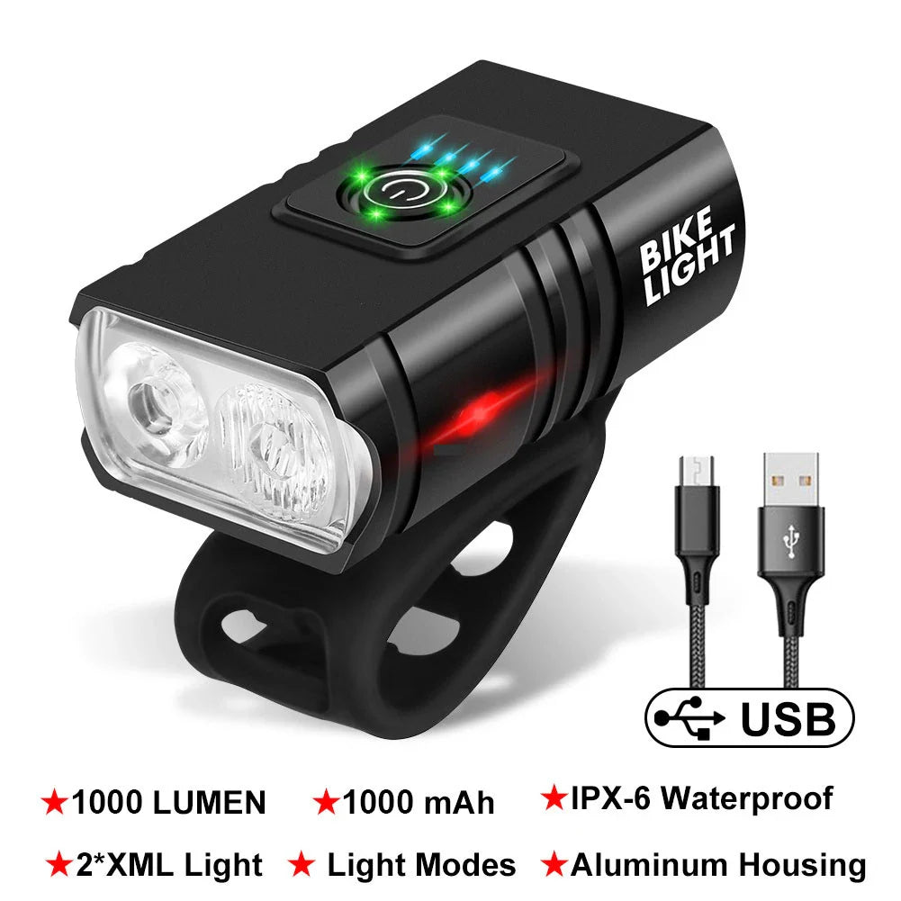 LED Bicycle Light 1000LM - USB Rechargeable MTB Road Bike Front Lamp