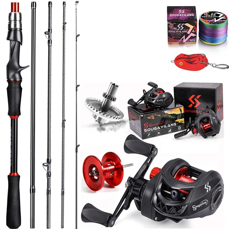 Bait Caster Fishing Rod & Reel Set, 1.8/2.1m Carbon Fiber Combo