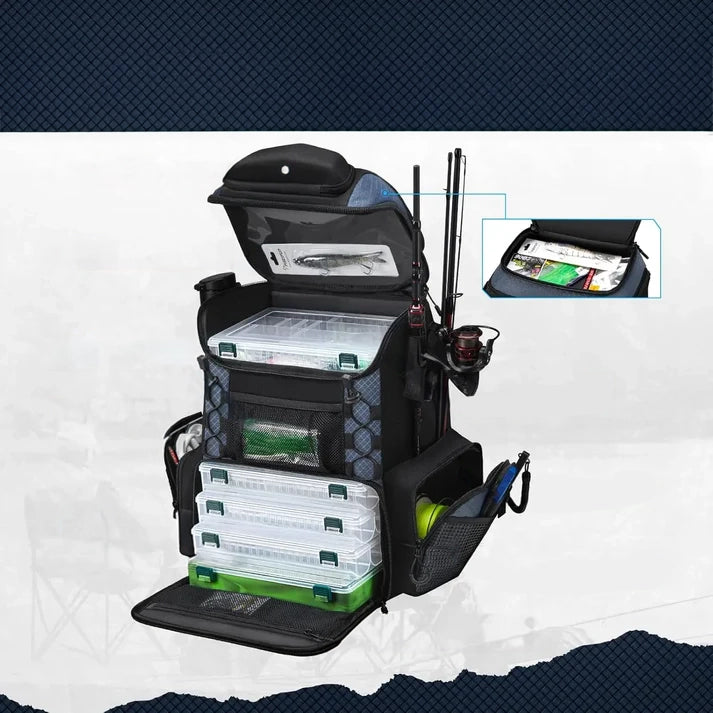 Waterproof Fishing Tackle Backpack with Rod Holders & 4 Tackle Boxes