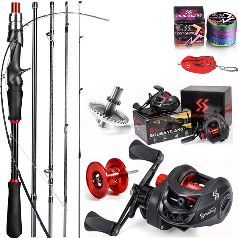 Bait Caster Fishing Rod & Reel Set, 1.8/2.1m Carbon Fiber Combo