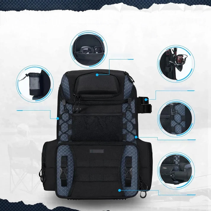 Waterproof Fishing Tackle Backpack with Rod Holders & 4 Tackle Boxes