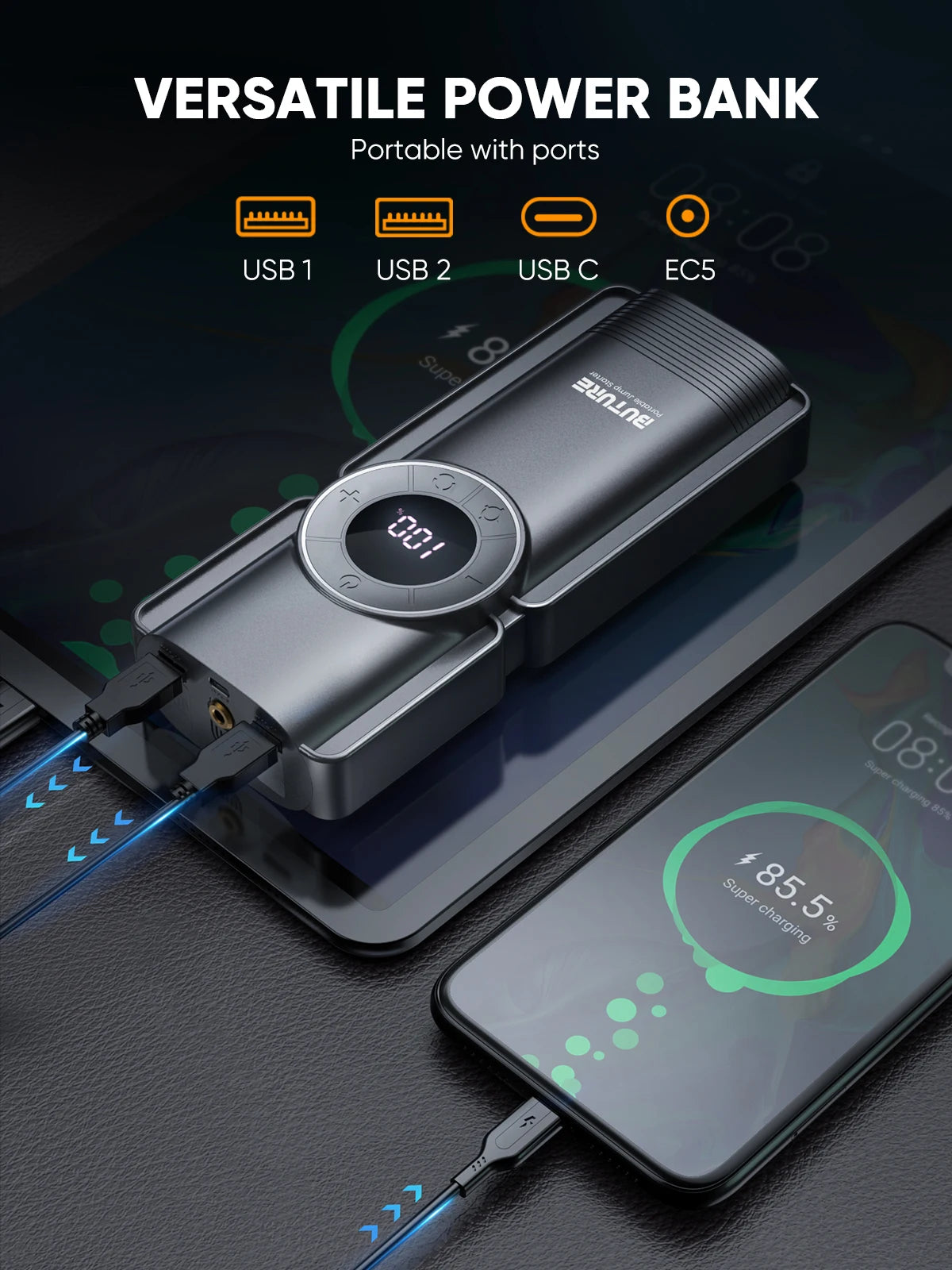 4-in-1 Jump Starter with Air Compressor, Power Bank