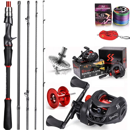 Bait Caster Fishing Rod & Reel Set, 1.8/2.1m Carbon Fiber Combo