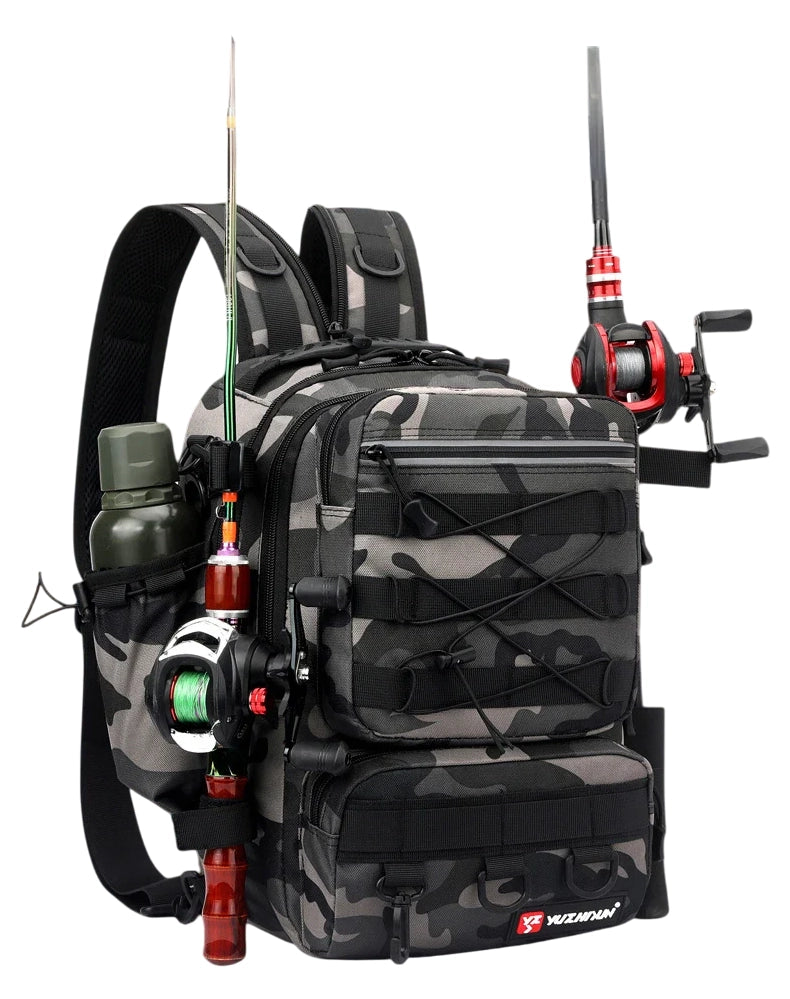 Camouflage Lure Fishing Backpack, 40L, Water-Resistant, Rod Holders