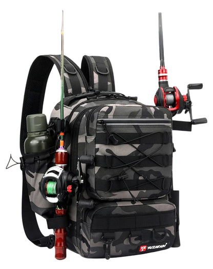 Camouflage Lure Fishing Backpack, 40L, Water-Resistant, Rod Holders