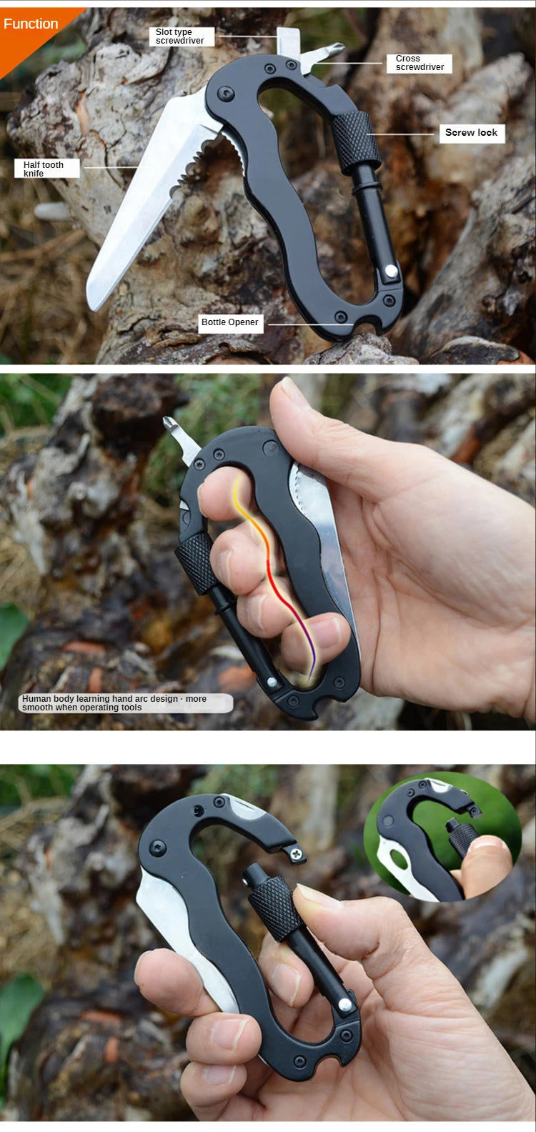 Survival Now™ Mountain Climb EDC Stainless Steel Mini Knife Carabiner Multitool