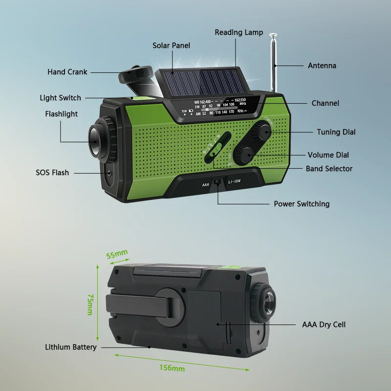 Emergency Weather Radio - Solar, USB, and Hand Crank Power with NOAA Access
