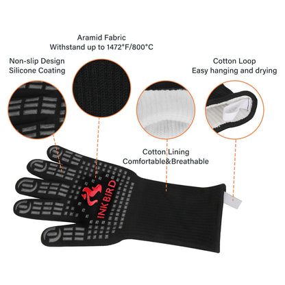 BBQ Grill Gloves: Extreme Heat Resistant Non-Slip Silicone Insulated Grill Mitts for Ultimate Cooking Safety and Performance