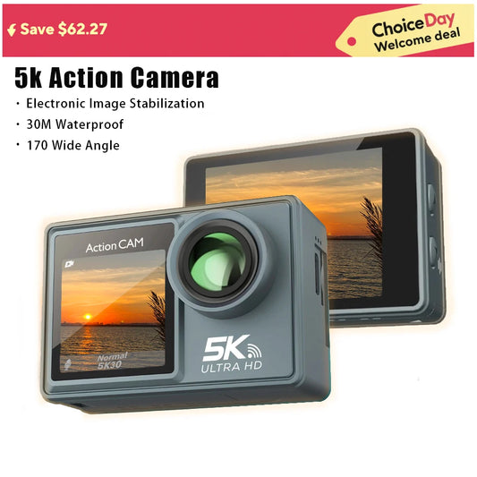 5K/4K Action Camera - Ultra HD Recording with Dual Screen & Waterproof Design