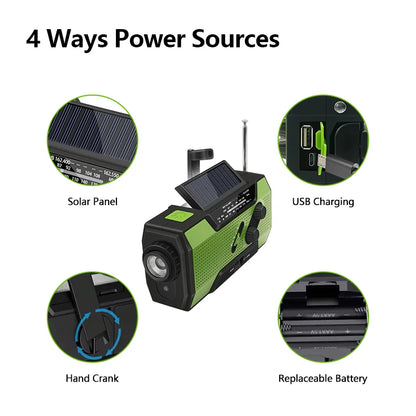 Emergency Weather Radio - Solar, USB, and Hand Crank Power with NOAA Access
